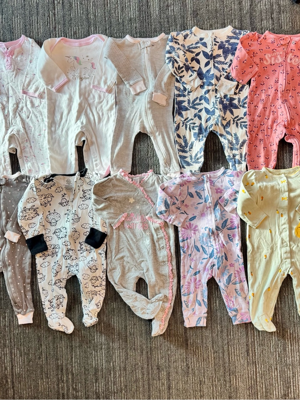 Set of 10 Mixed Baby Sleeper Bundle - Floral, Stripes, Pink, Cream, Blue 6-9m
